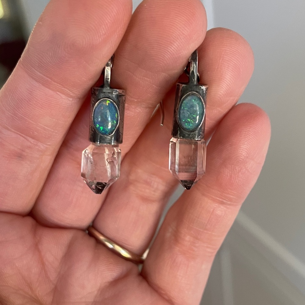 Silver Opal and Quartz Crystal Earrings
